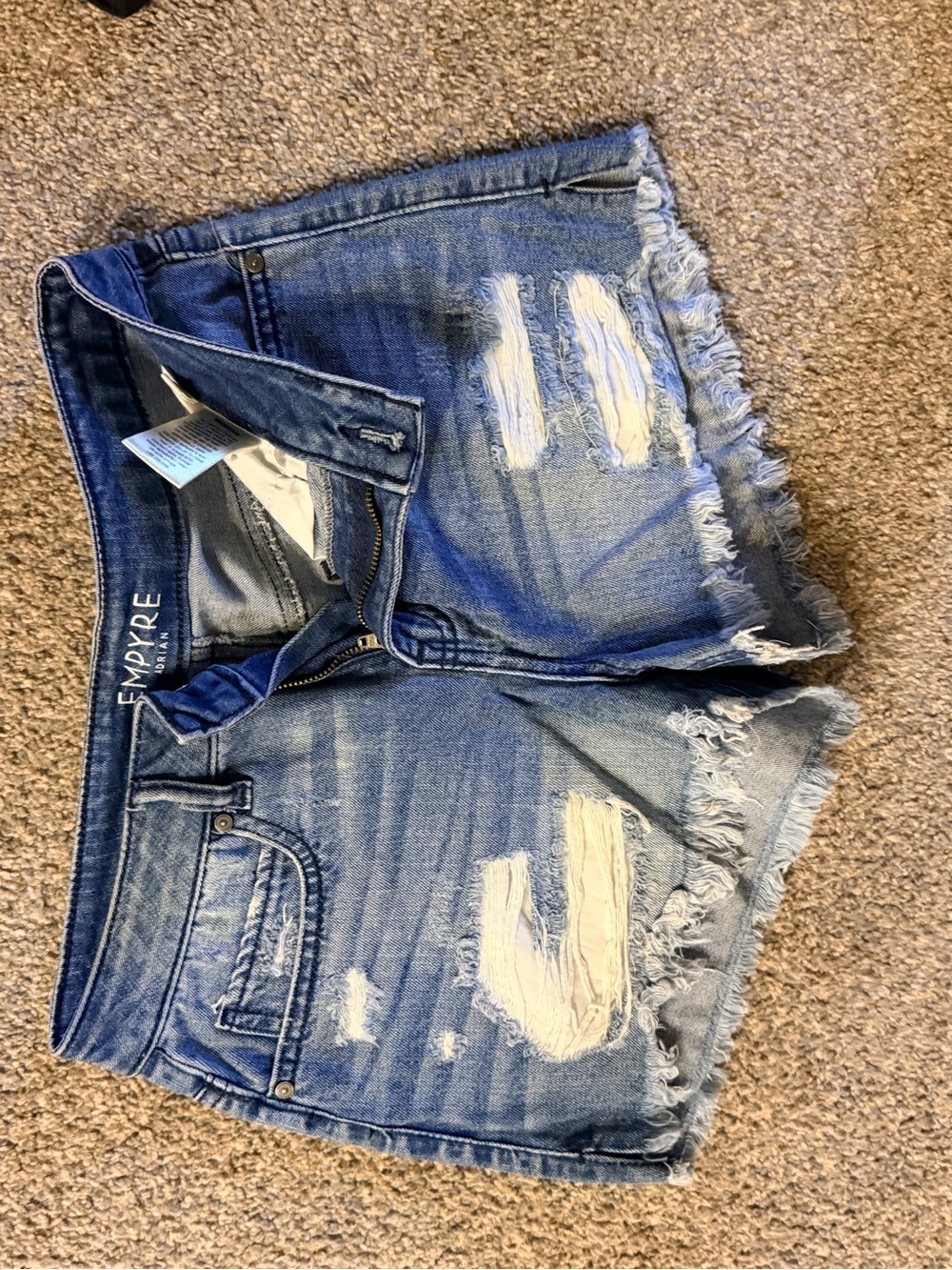 Empyre Ripped Frayed Hem Denim Shorts - Blue